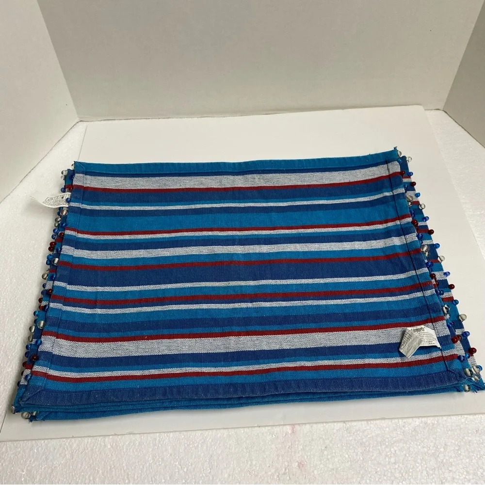 Pier 1 Imports Striped Tapestry Placemats set of 6 Beaded blues red gray Casual